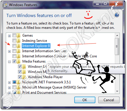 deactivate the Internet Explorer 8  in Windows 7 over Windows 7 Programs