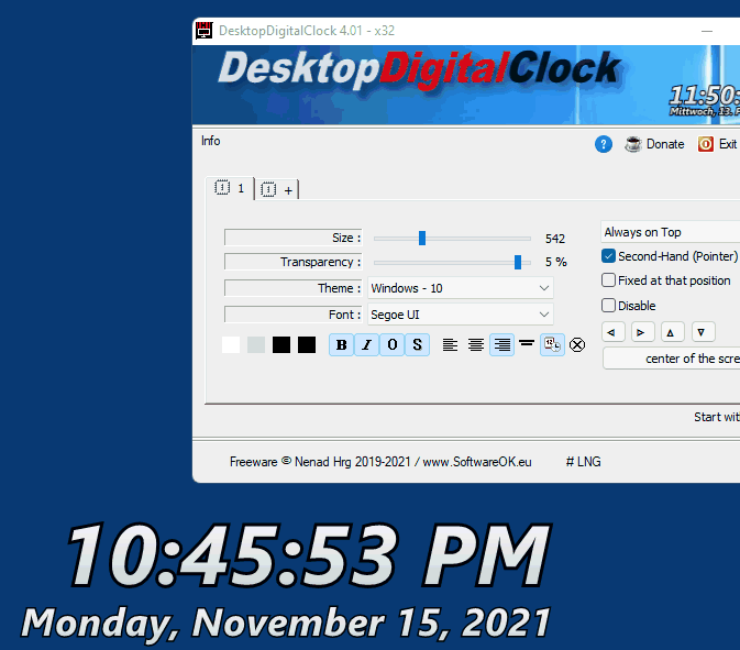 The digital Windows 11, 10, ... desktop clock without lock screen!