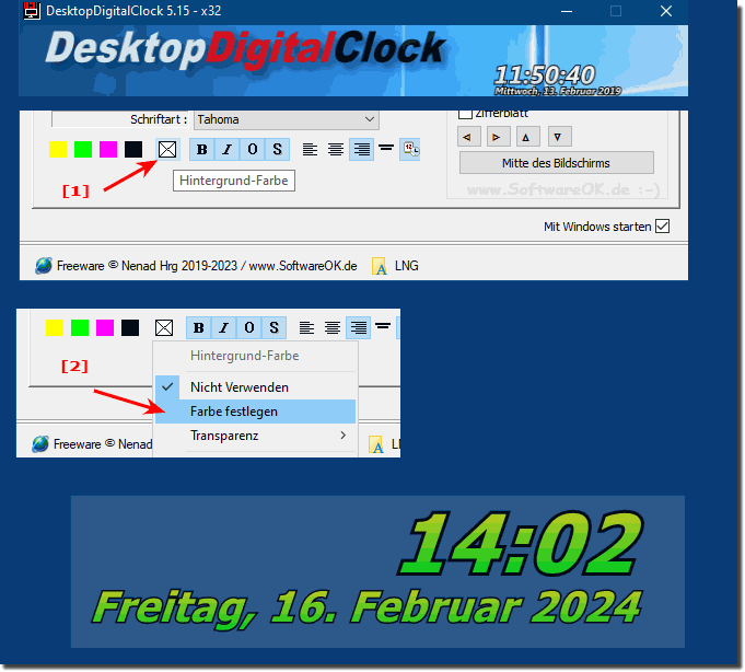Enable background color for the digital desktop clock on Windows?