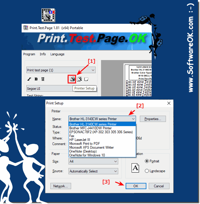 Change the printer for printing of a test page!