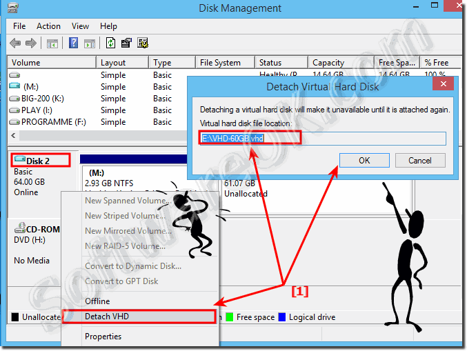 Detach, unmount or eject the VHD via disk management in Windows!