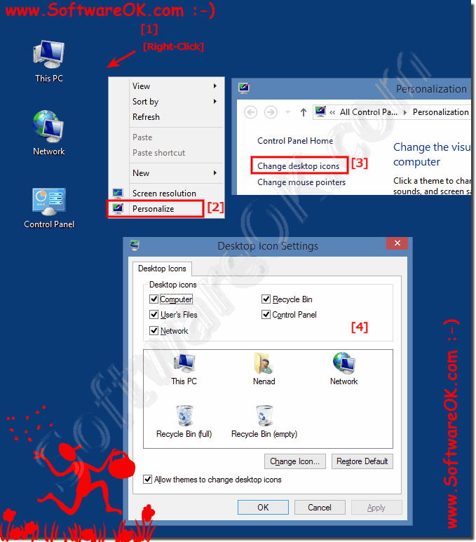 Show Windows 8 desktop icons (Control Panel, My Computer, computer, network, user data)