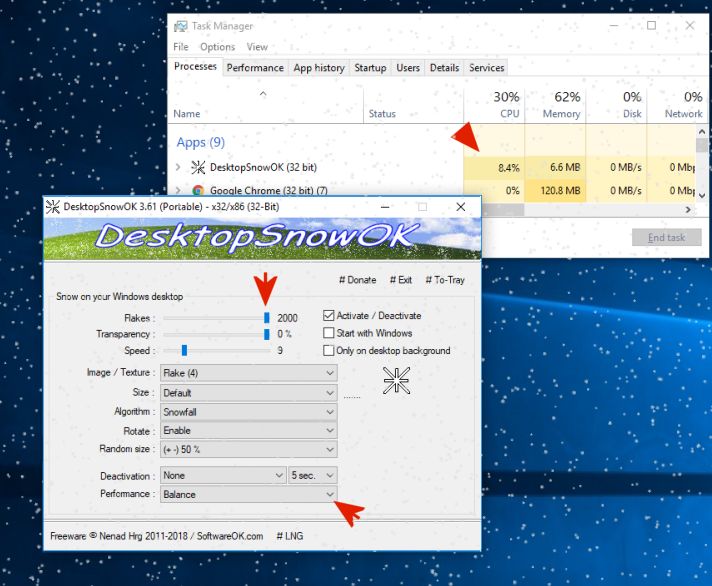 DesktopSnowOK 4 Over 1000 snowflakes on the Windows desktop 